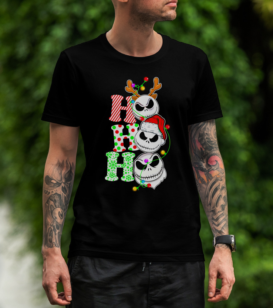 Ho Ho Ho Jack Skellington Christmas Lights Reindeer Antlers Santa Hat T-Shirt