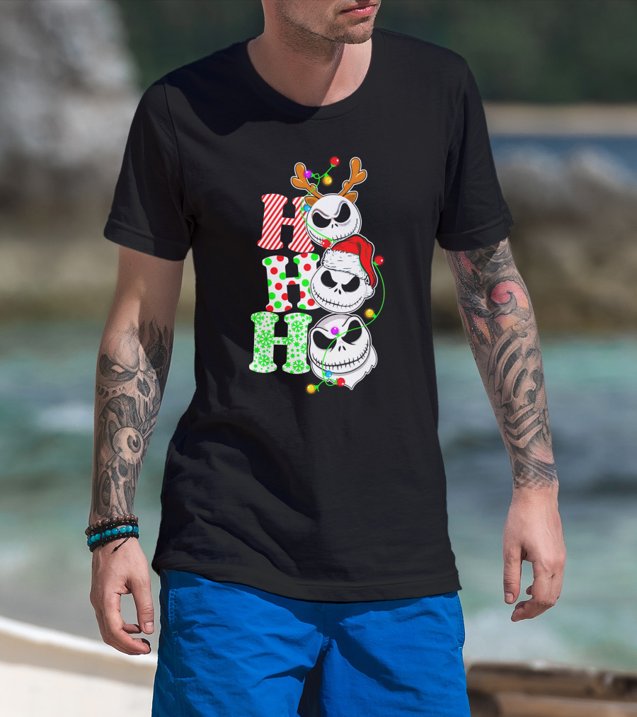 Ho Ho Ho Jack Skellington Christmas Lights Reindeer Antlers Santa Hat T-Shirt