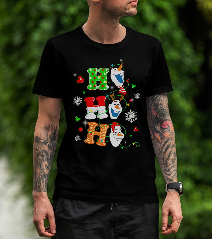 H H H Olaf Snowman With Christmas Trees And Snowflakes Holiday Theme T-Shirt