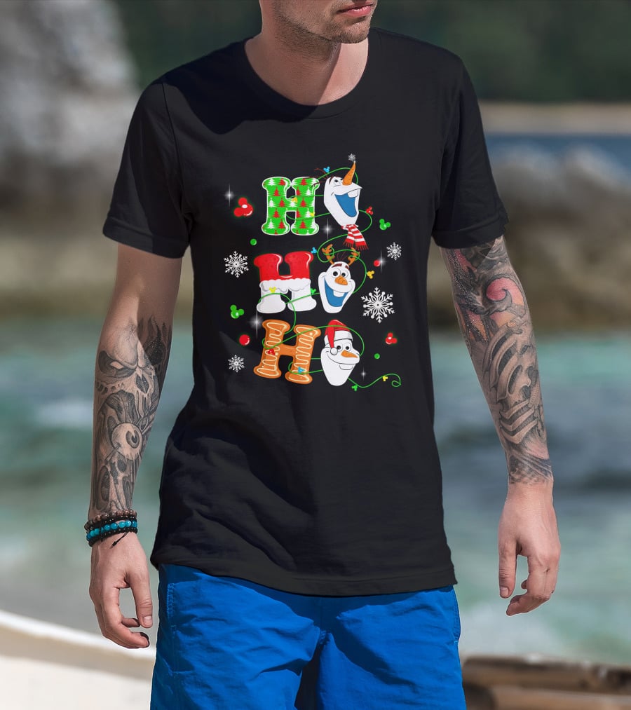 H H H Olaf Snowman With Christmas Trees And Snowflakes Holiday Theme T-Shirt