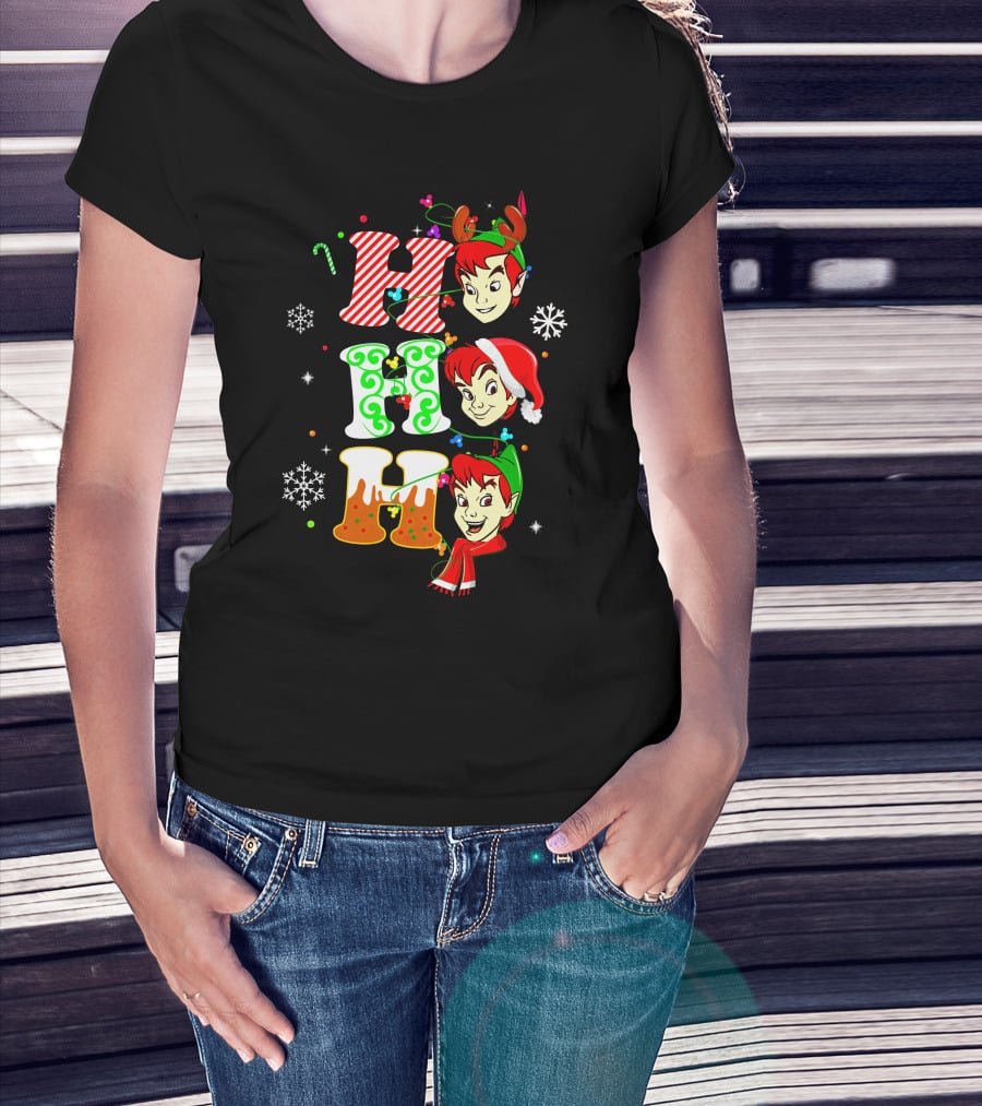 Peter Pan Holiday Cheer Ho Ho Ho Christmas Reindeer Santa Hat Scarf Snowflakes T-Shirt
