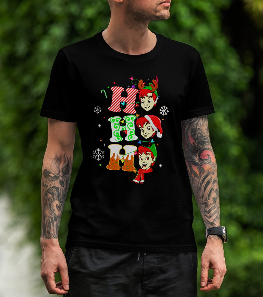 Peter Pan Holiday Cheer Ho Ho Ho Christmas Reindeer Santa Hat Scarf Snowflakes T-Shirt