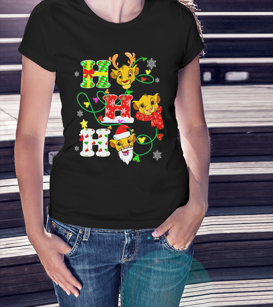 Ho Ho Ho Christmas Simba With Reindeer And Santa Hat T-Shirt
