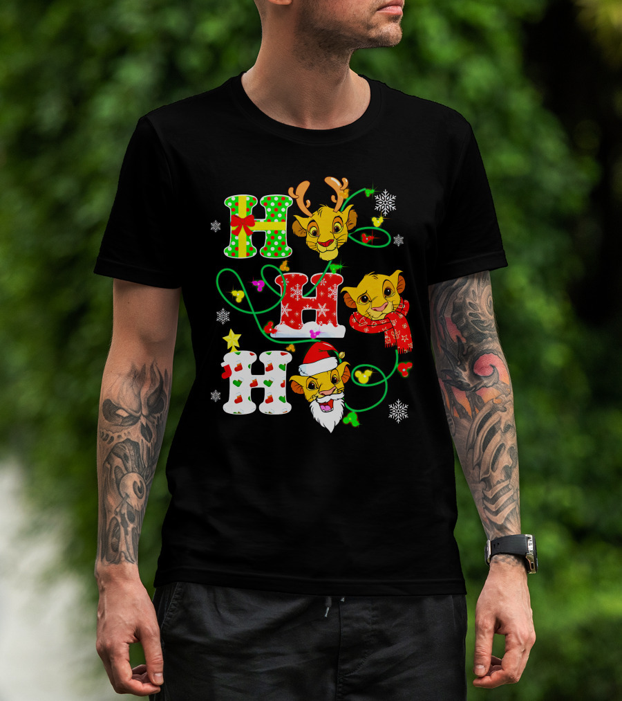 Ho Ho Ho Christmas Simba With Reindeer And Santa Hat T-Shirt