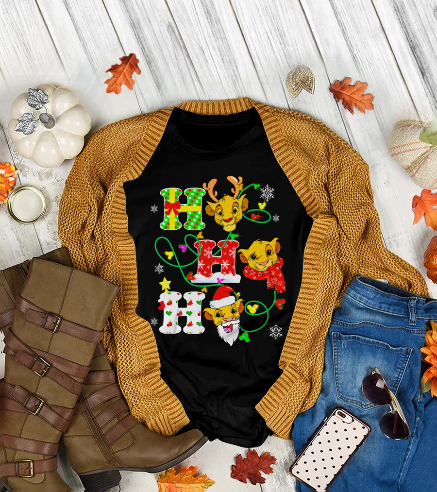 Ho Ho Ho Christmas Simba With Reindeer And Santa Hat T-Shirt