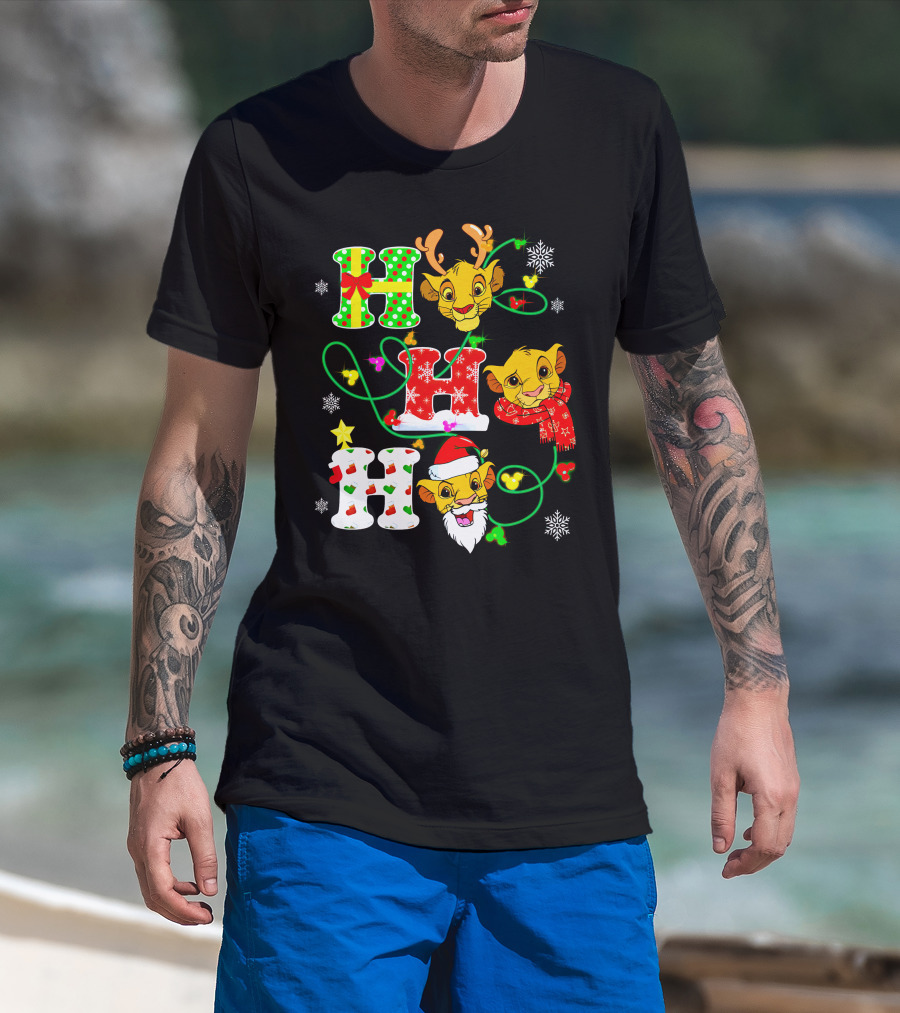 Ho Ho Ho Christmas Simba With Reindeer And Santa Hat T-Shirt