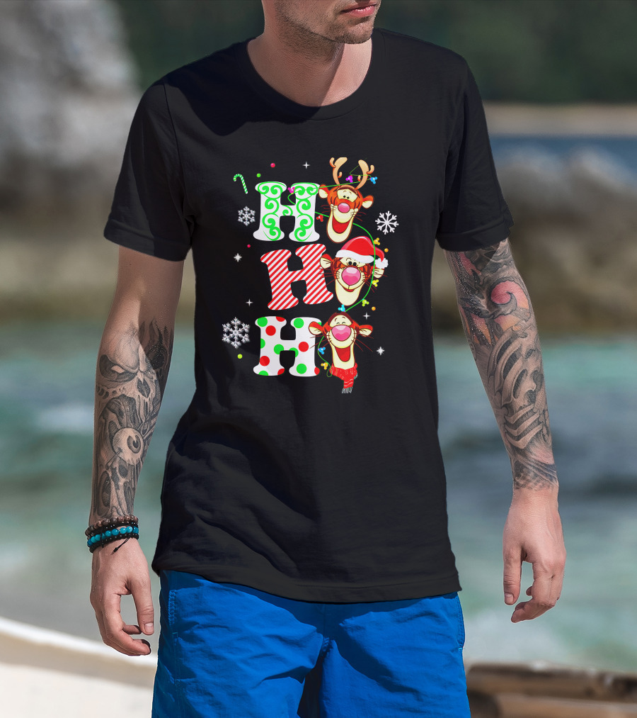 Ho Ho Ho Tigger Christmas Reindeer Santa Snowflakes T-Shirt