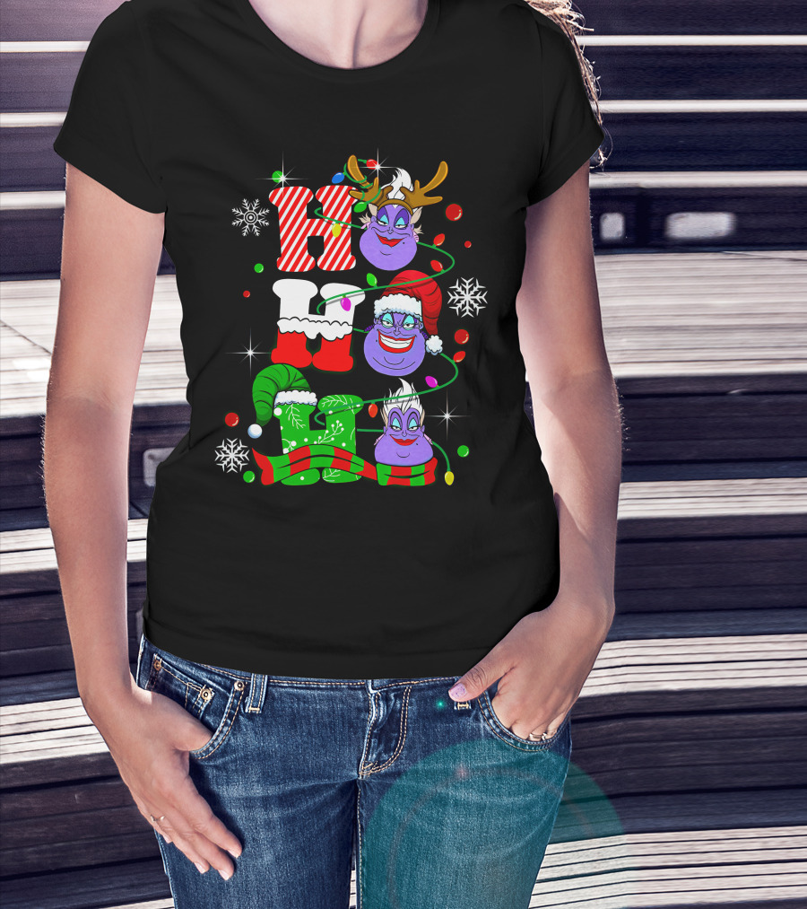 Ho Ho Ho Ursula Christmas Reindeer Santa Hats And Snowflakes T-Shirt