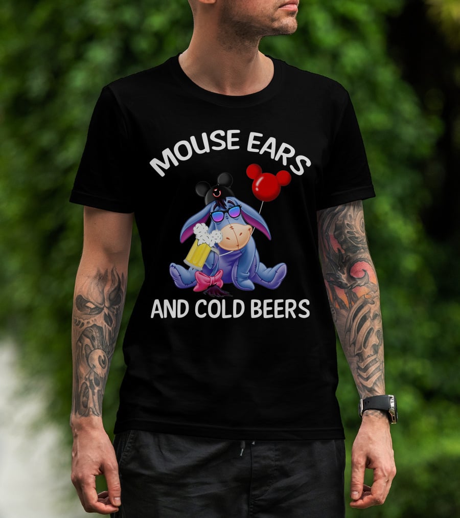 Mouse Ears And Cold Beers Eeyore With Mickey Hat And Balloon T-Shirt