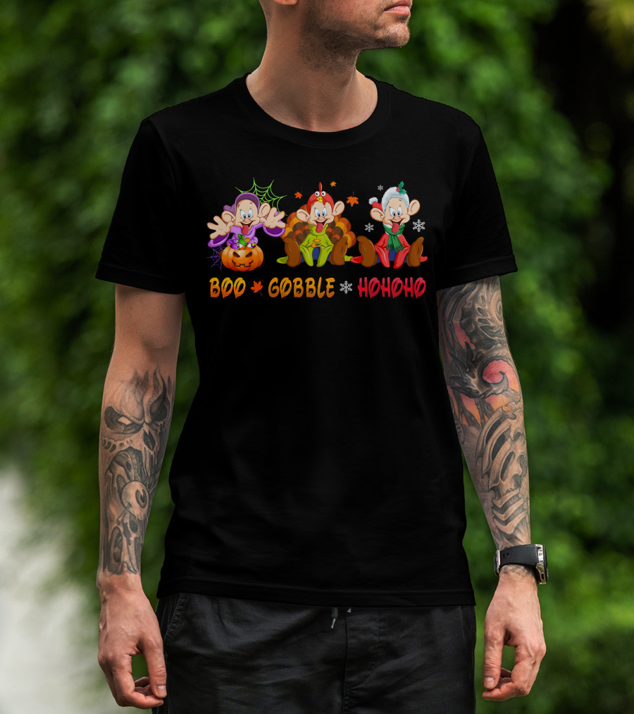 Boo Gobble Hohoho Dopey Halloween Thanksgiving Christmas Holiday Trio T-Shirt