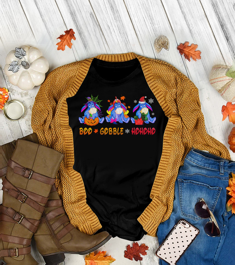 Boo Gobble Hohoho Eeyore Halloween Thanksgiving Christmas T-Shirt