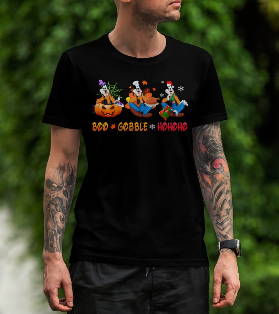 Boo Gobble Hohoho Goofy Halloween Thanksgiving Christmas T-Shirt