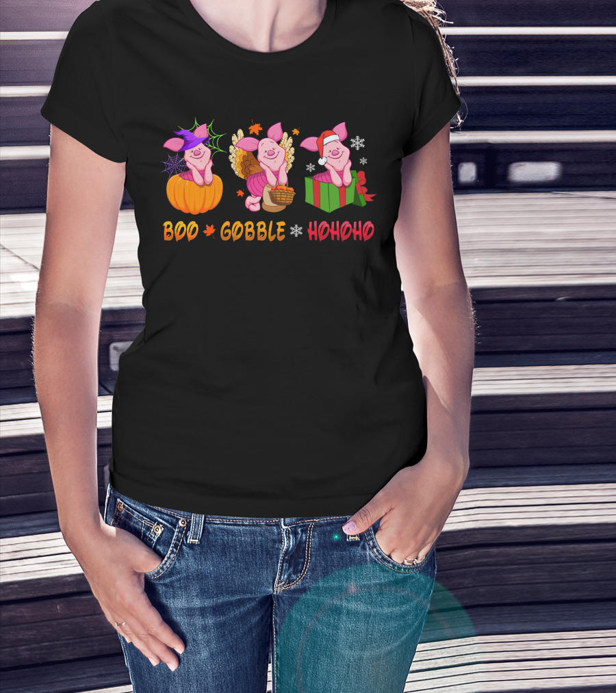 Boo Gobble Hohoho Piglet Halloween Thanksgiving Christmas T-Shirt