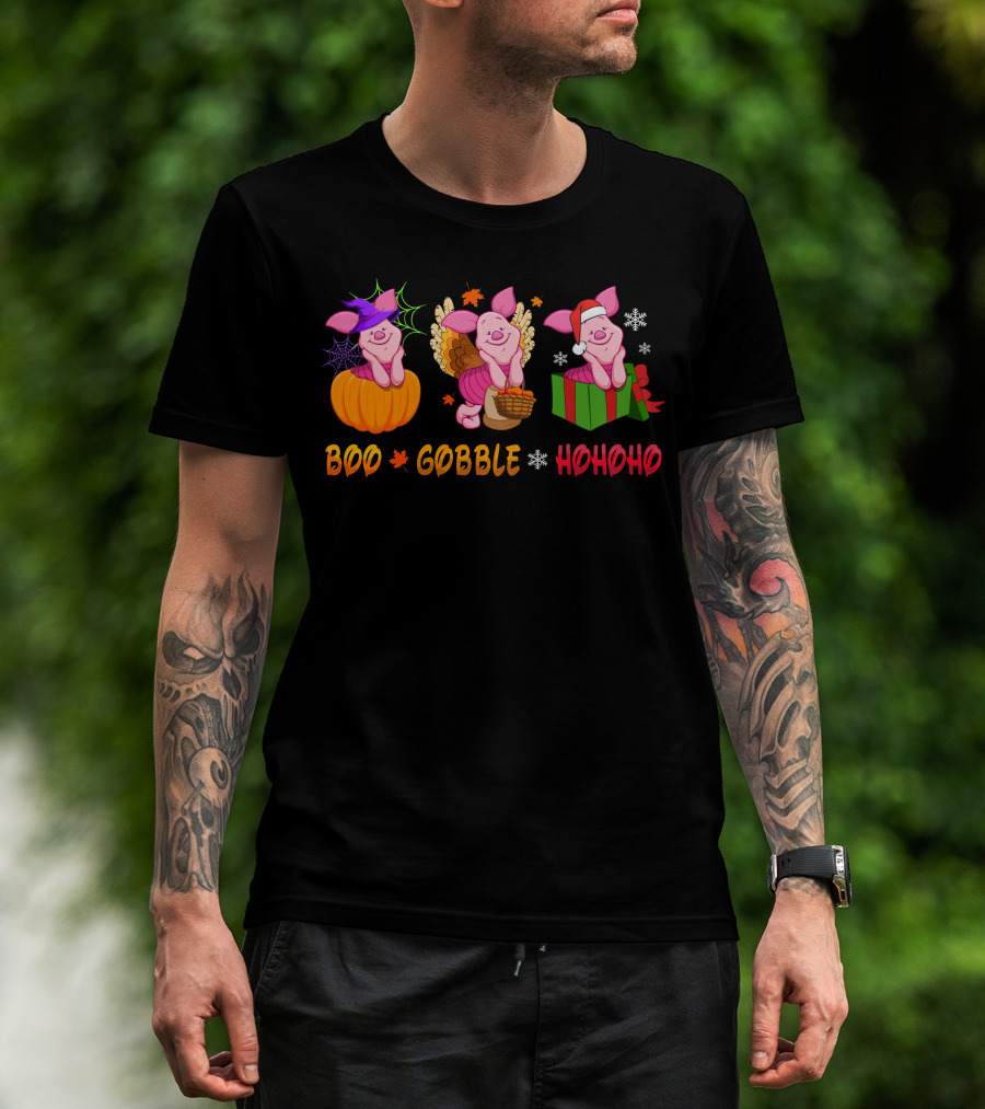 Boo Gobble Hohoho Piglet Halloween Thanksgiving Christmas T-Shirt