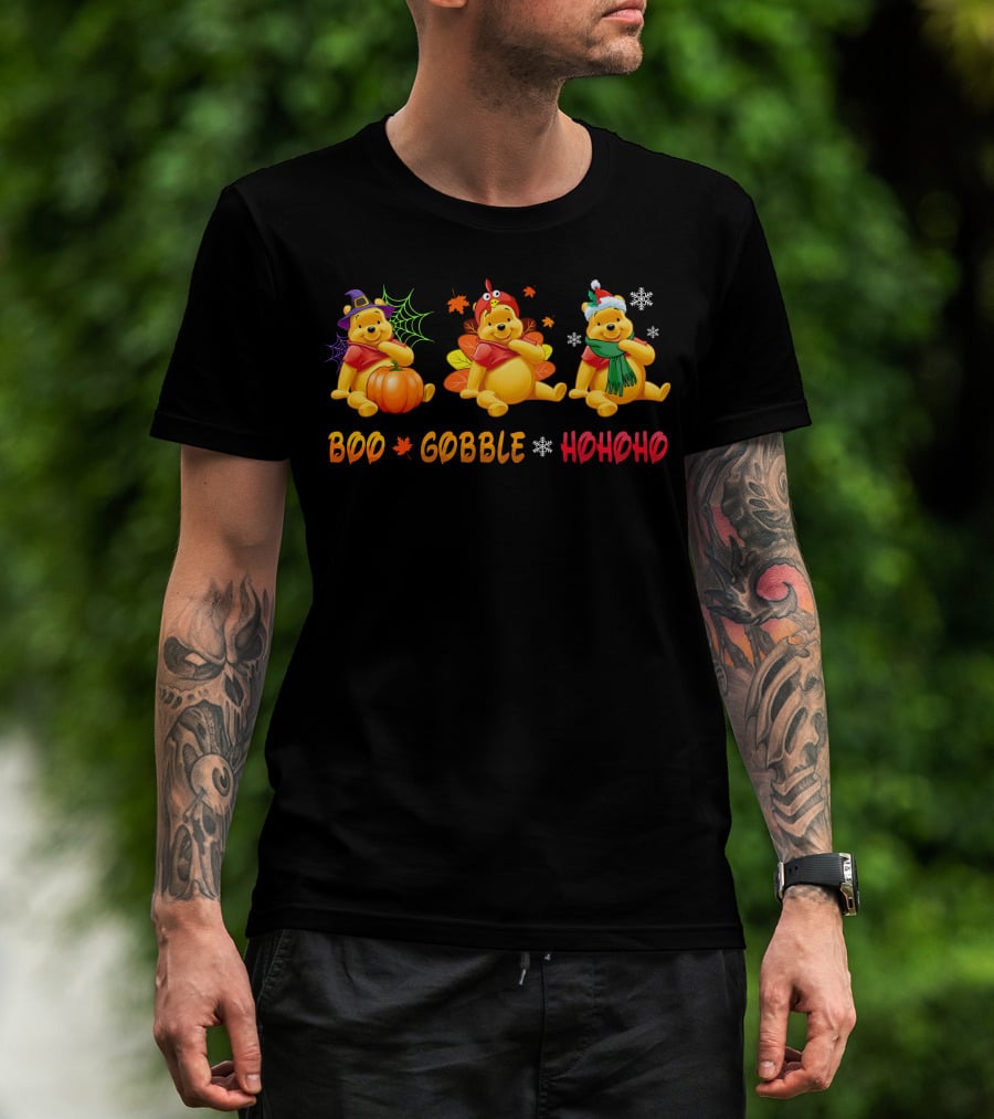Boo Gobble Hohoho Pooh Halloween Thanksgiving Christmas T-Shirt