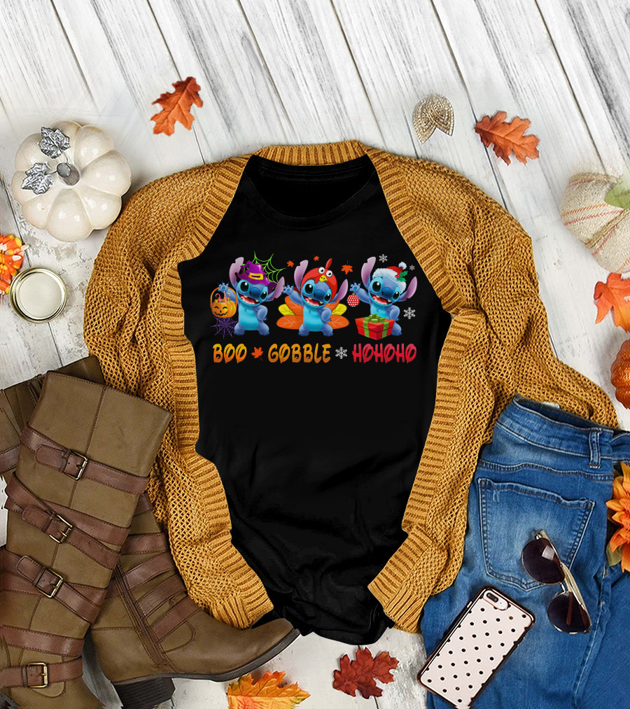 Stitch Boo Gobble Hohoho Halloween Thanksgiving Christmas T-Shirt