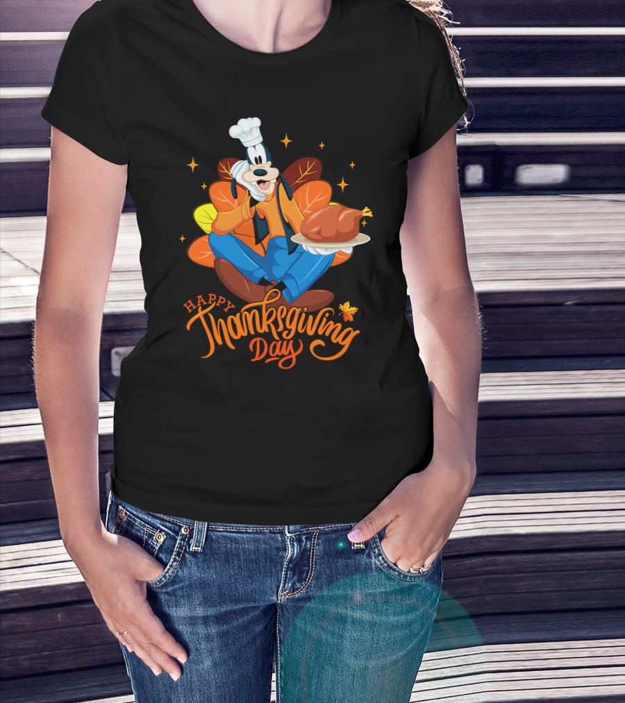 Goofy Happy Thanksgiving Day Chef With Turkey And Autumn Leaves T-Shirt