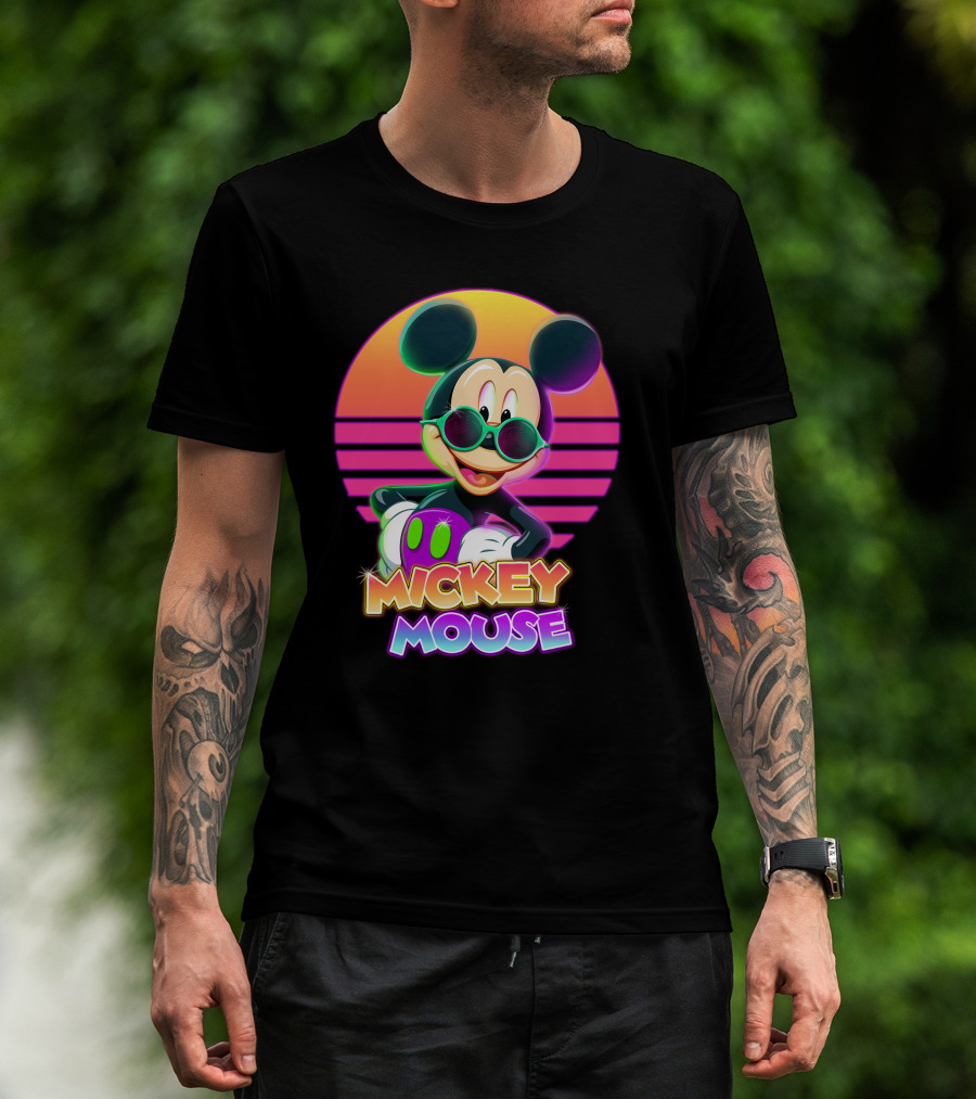 Mickey Mouse Retro Neon Style Sunglasses Sunset T-Shirt