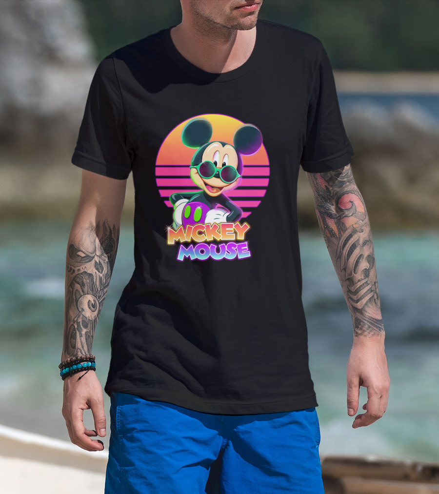 Mickey Mouse Retro Neon Style Sunglasses Sunset T-Shirt