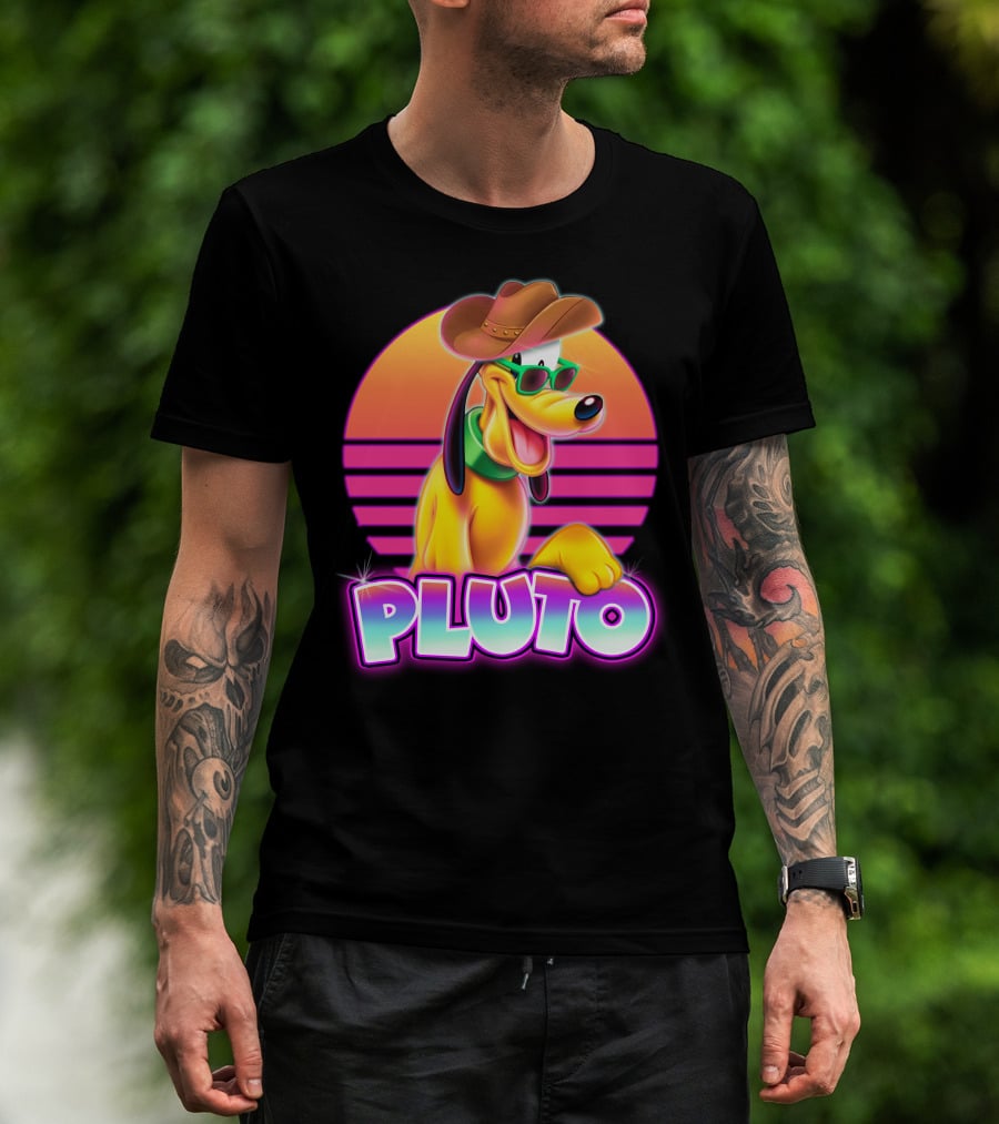 Pluto Retro Sunset Neon Style With Sunglasses And Cowboy Hat T-Shirt