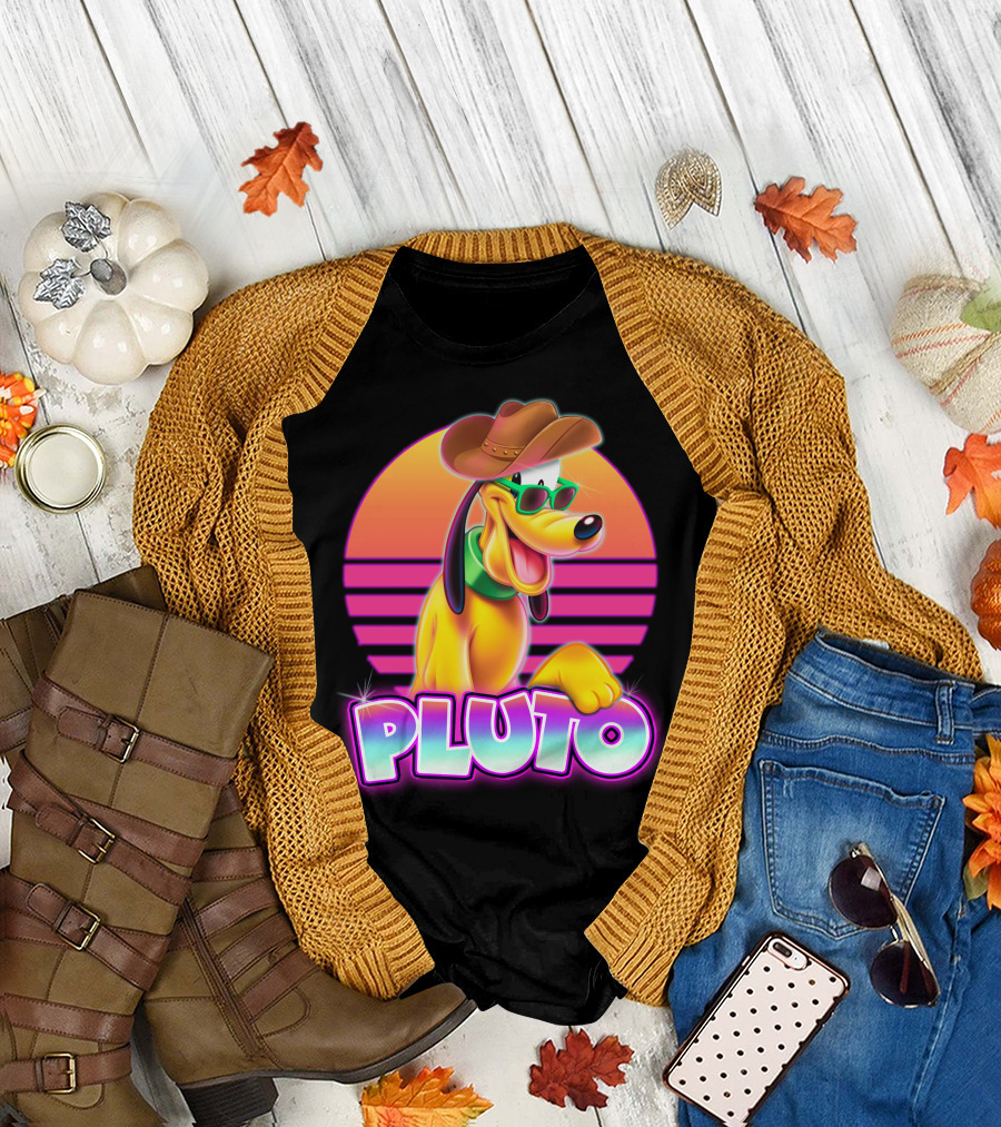 Pluto Retro Sunset Neon Style With Sunglasses And Cowboy Hat T-Shirt