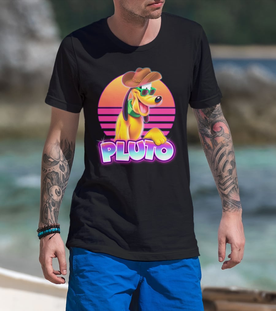 Pluto Retro Sunset Neon Style With Sunglasses And Cowboy Hat T-Shirt