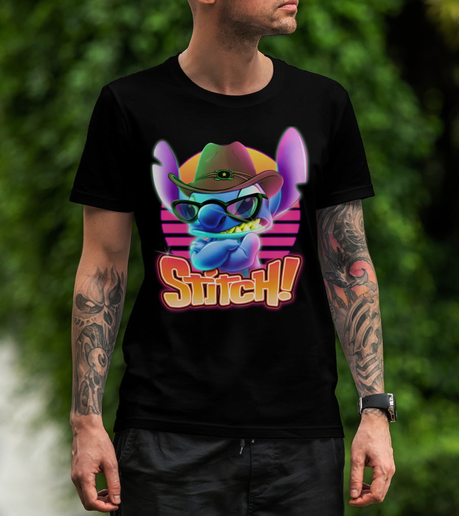 Stitch Neon Retro Cowboy Style With Sunglasses T-Shirt