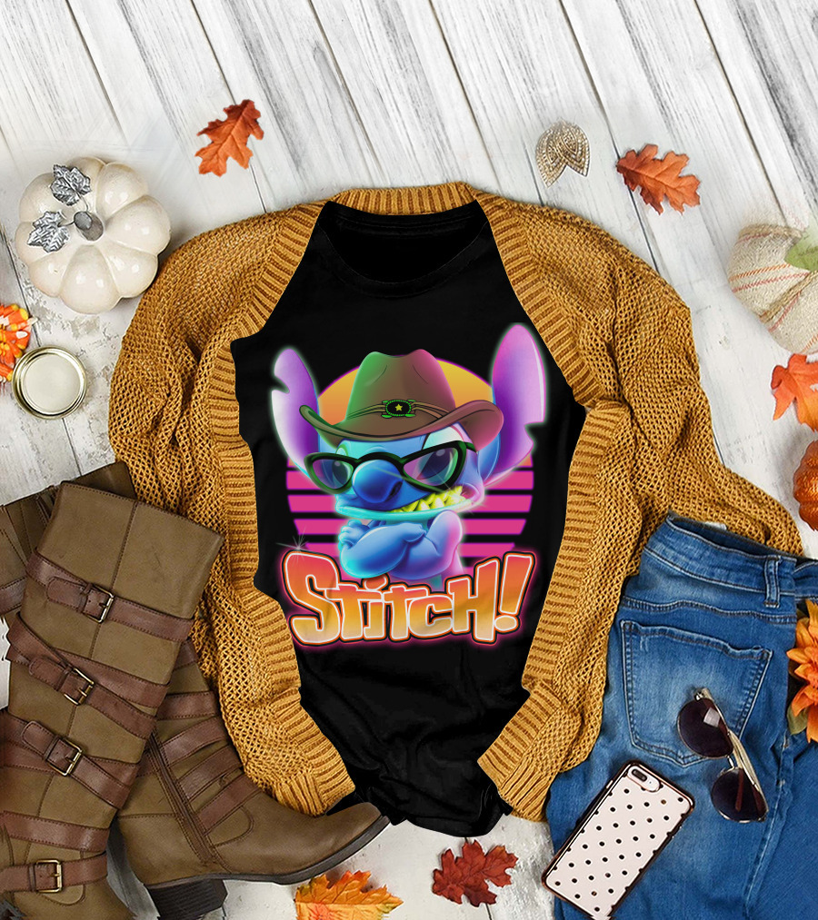 Stitch Neon Retro Cowboy Style With Sunglasses T-Shirt