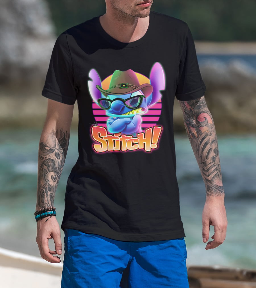 Stitch Neon Retro Cowboy Style With Sunglasses T-Shirt