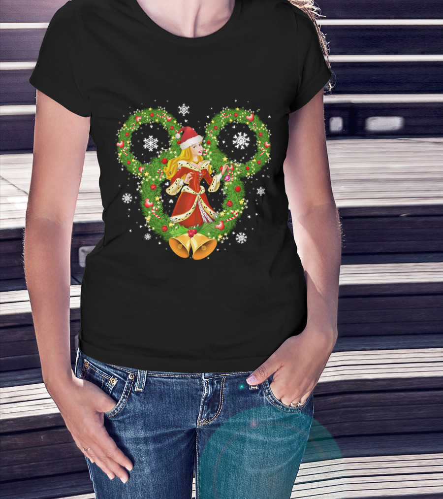 Aurora Christmas Wreath With Santa Hat And Bells Mickey Icon Snowflakes T-Shirt