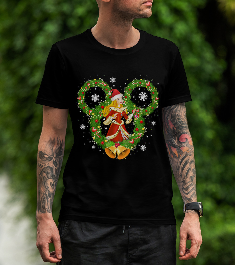 Aurora Christmas Wreath With Santa Hat And Bells Mickey Icon Snowflakes T-Shirt