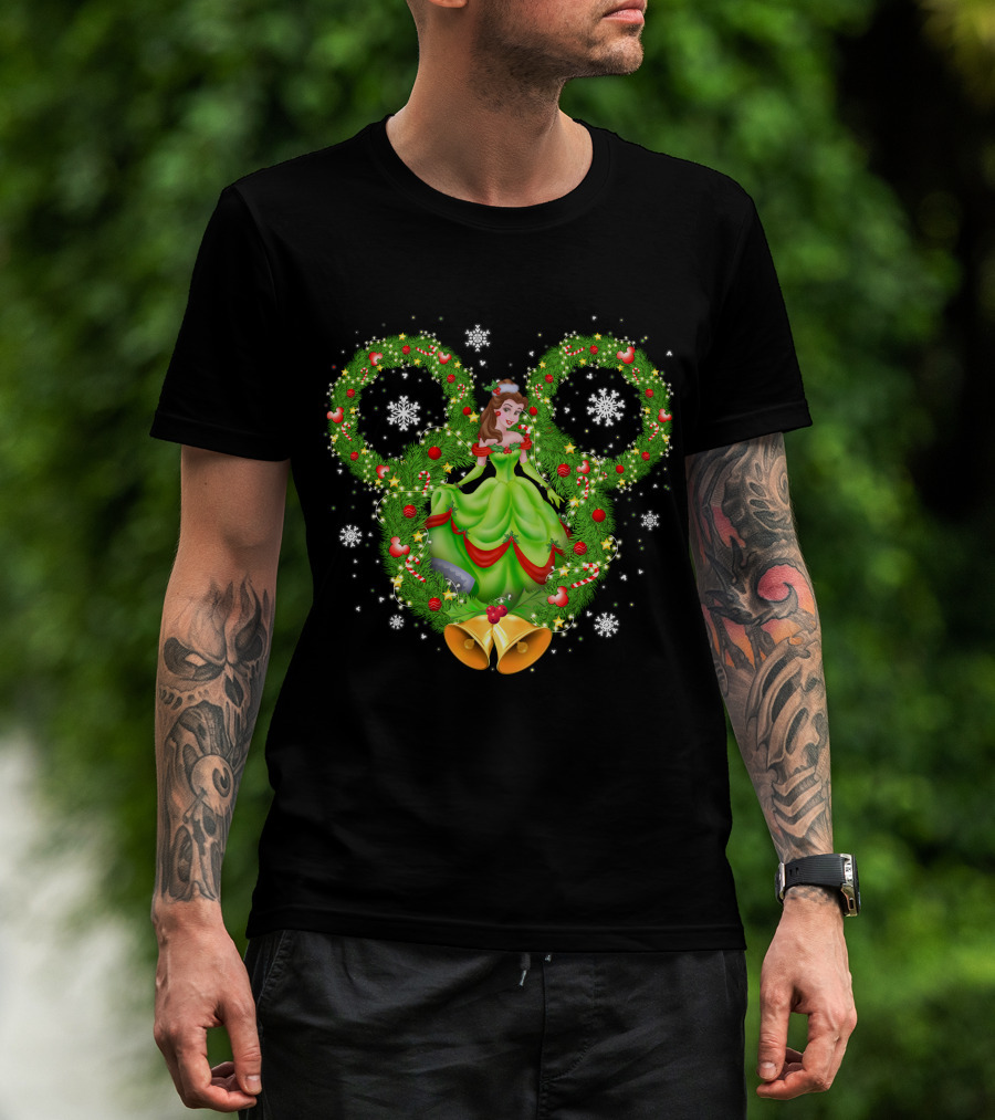 Belle Christmas Wreath Mickey Ears Snowflakes And Bells T-Shirt