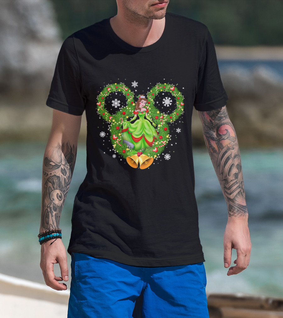 Belle Christmas Wreath Mickey Ears Snowflakes And Bells T-Shirt