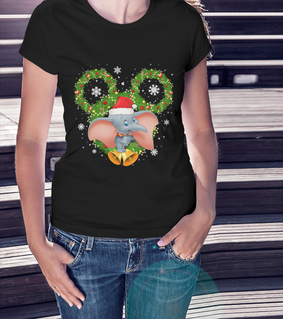 Dumbo Christmas Santa Hat Holiday Wreath Snowflakes T-Shirt
