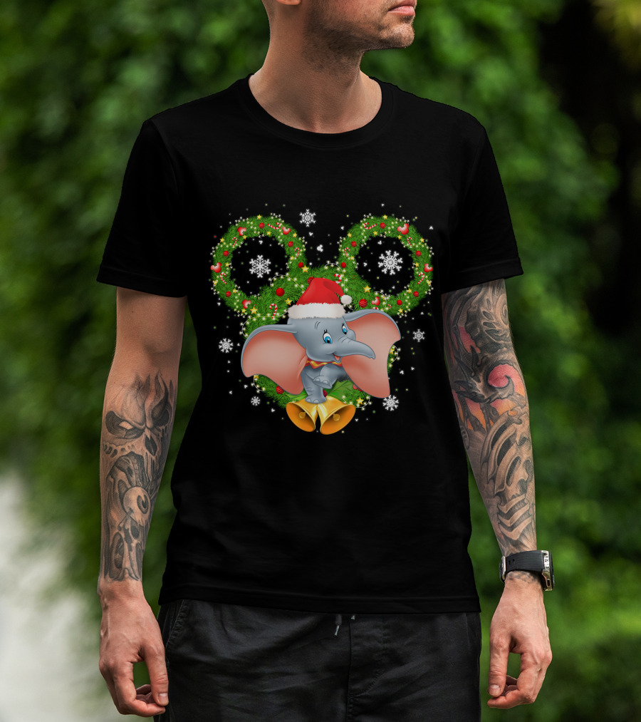 Dumbo Christmas Santa Hat Holiday Wreath Snowflakes T-Shirt