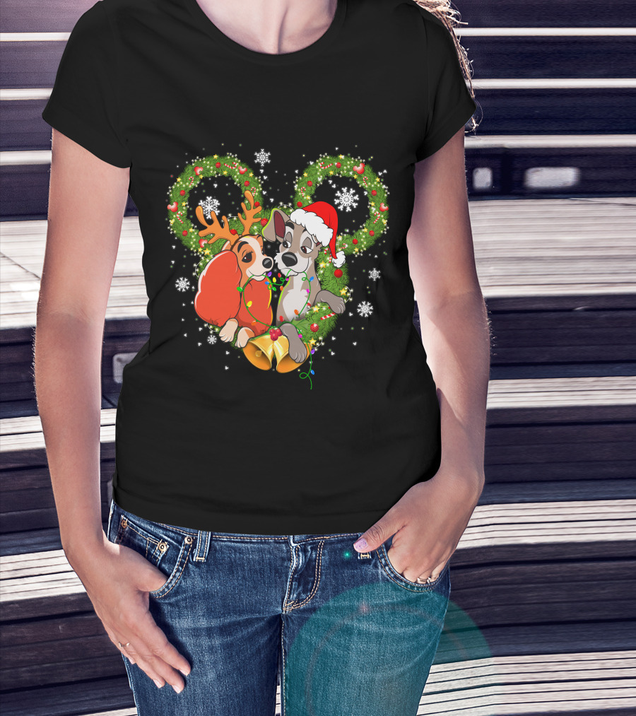Lady And The Tramp Christmas Wreath Mickey Ears Snowflakes T-Shirt