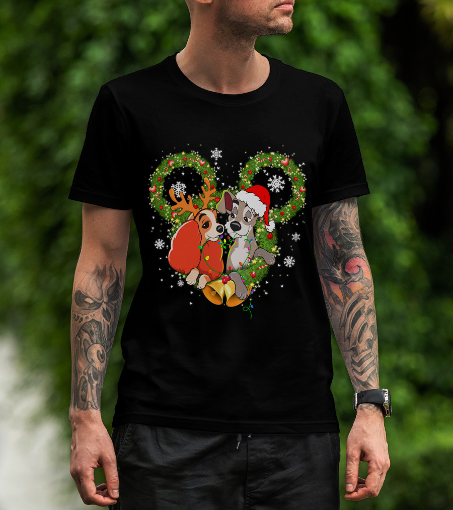 Lady And The Tramp Christmas Wreath Mickey Ears Snowflakes T-Shirt