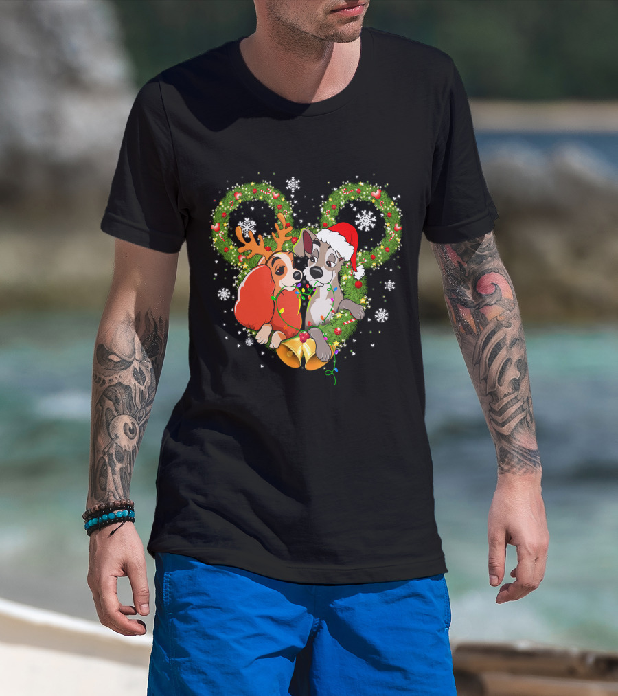 Lady And The Tramp Christmas Wreath Mickey Ears Snowflakes T-Shirt