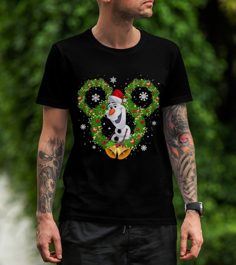 Olaf Frozen Christmas Mickey Wreath With Snowflakes And Santa Hat T-Shirt