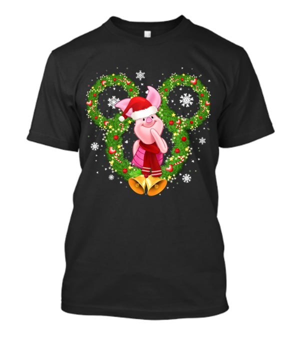 Piglet Christmas Wreath Mickey Mouse Ears Snowflakes Santa Hat T-Shirt