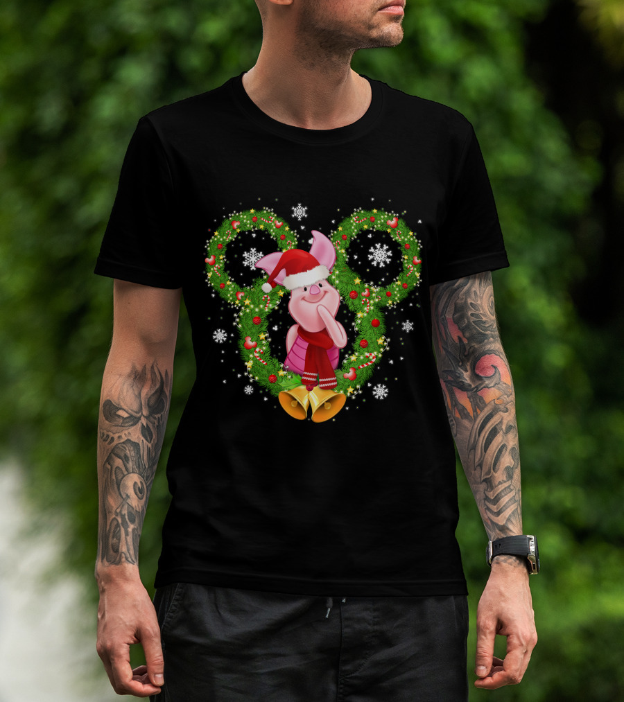 Piglet Christmas Wreath Mickey Mouse Ears Snowflakes Santa Hat T-Shirt