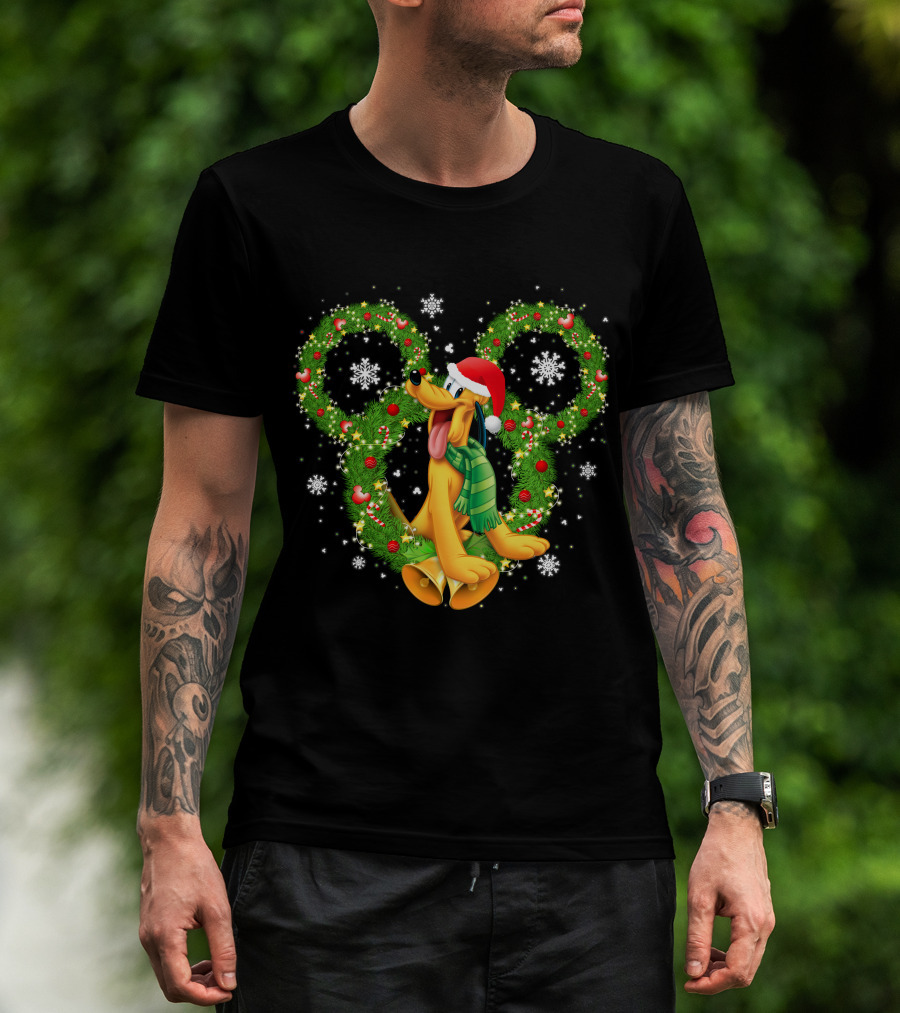 Pluto Christmas Wreath Snowflakes Santa Hat Holiday Disney T-Shirt