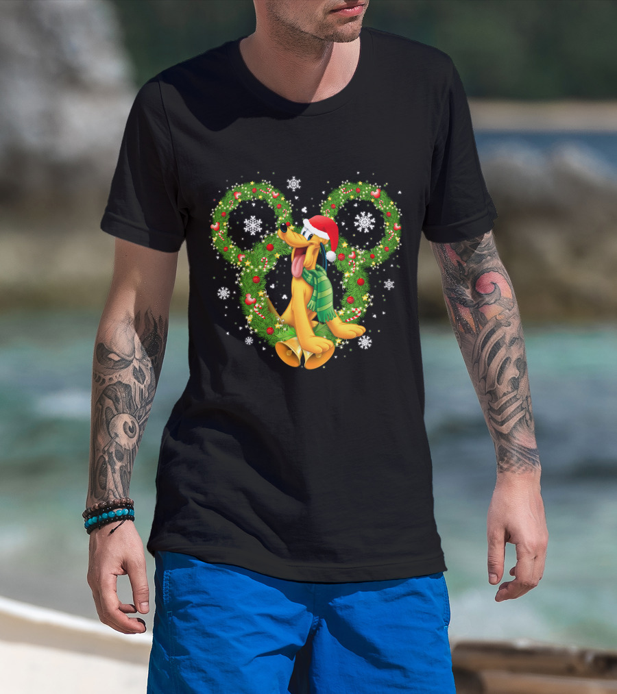 Pluto Christmas Wreath Snowflakes Santa Hat Holiday Disney T-Shirt