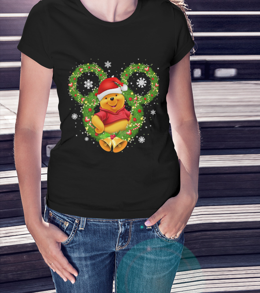 Winnie The Pooh Christmas Mickey Wreath Santa Hat Snowflakes T-Shirt