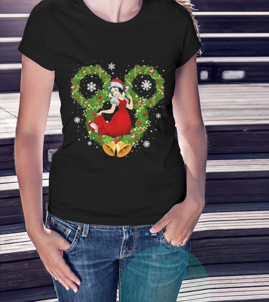 Snow White Christmas Wreath With Mickey Ears And Holiday Bells T-Shirt