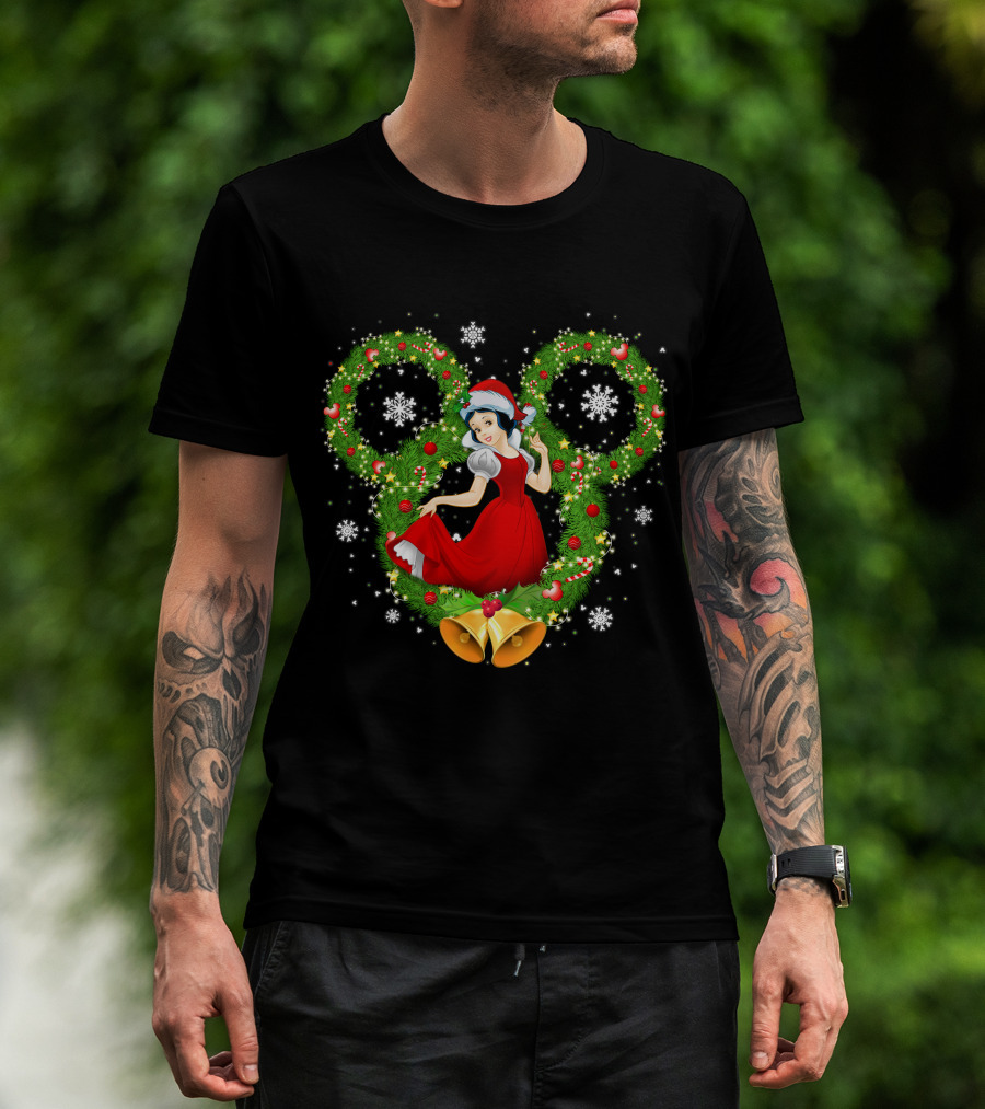 Snow White Christmas Wreath With Mickey Ears And Holiday Bells T-Shirt