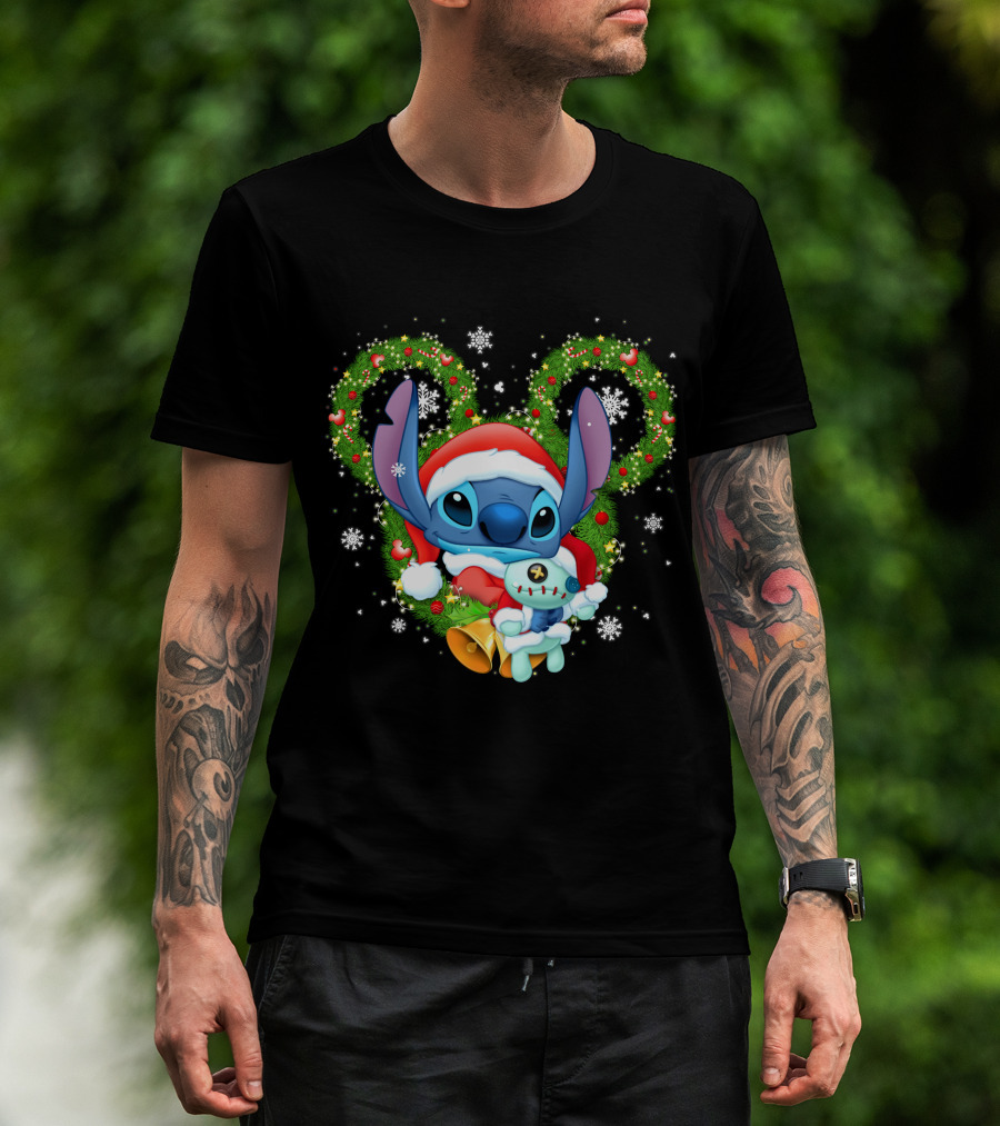 Stitch Santa Christmas Wreath Lilo And Stitch Disney Holiday T-Shirt