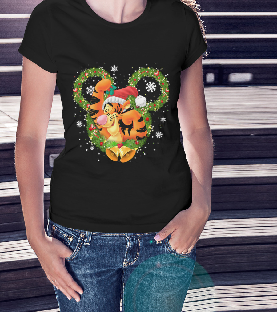 Tigger Christmas Mickey Ears Snowflakes Santa Hat Wreath T-Shirt