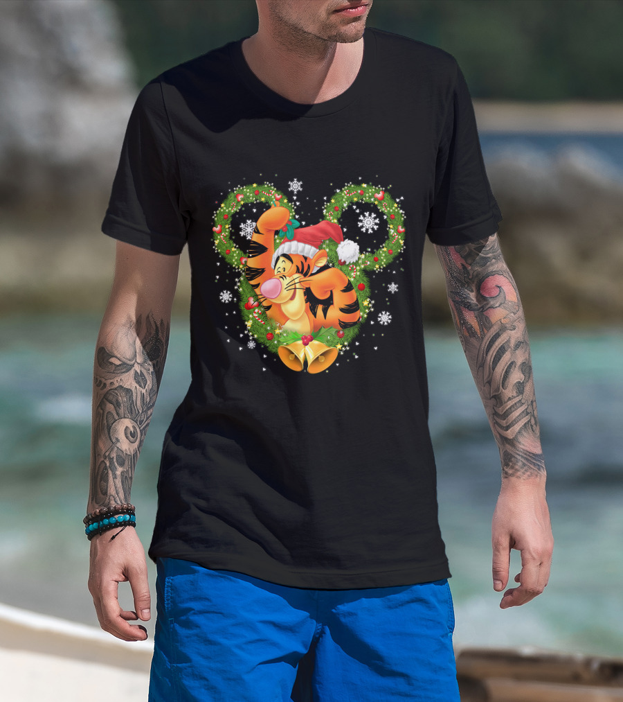 Tigger Christmas Mickey Ears Snowflakes Santa Hat Wreath T-Shirt