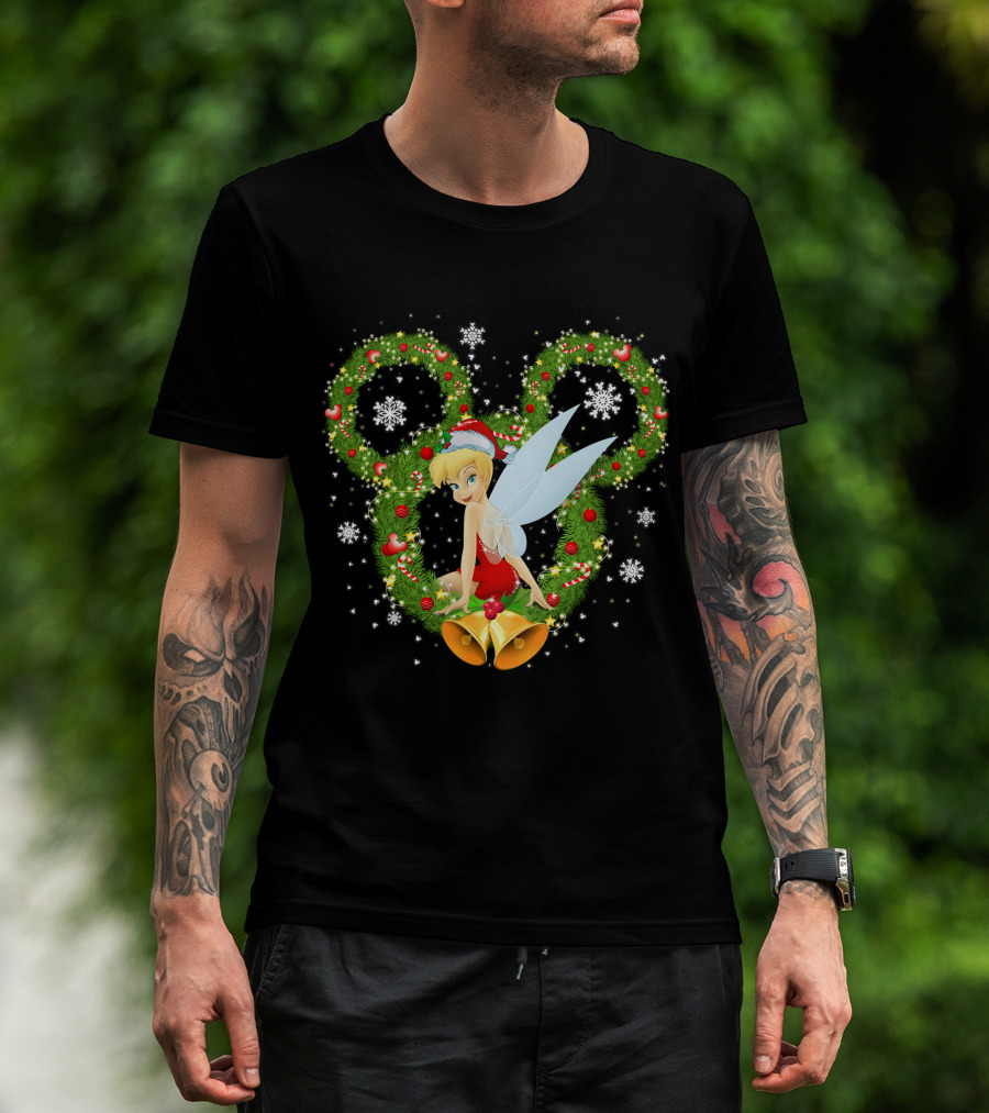 Tinker Bell Christmas Wreath With Santa Hat And Snowflakes T-Shirt